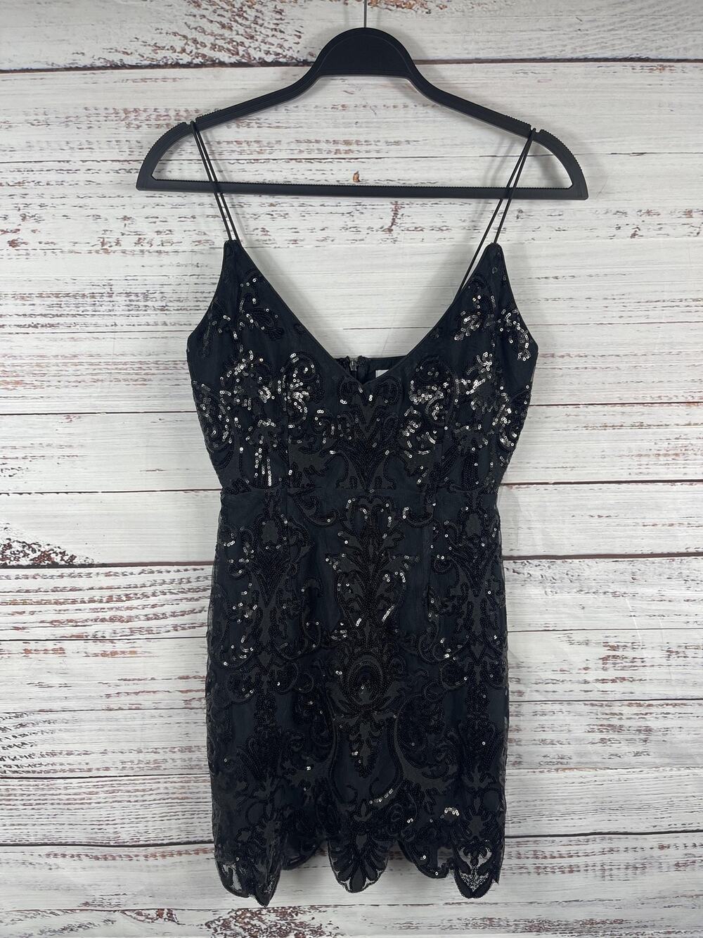 Tobi Dress Women's Size Small Black Sequin Floral Bodycon Mini V Neck Strappy